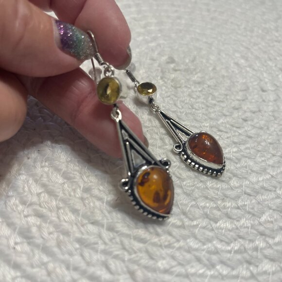 Gorgeous AMBER & CITRINE Handmade Sterling 925 Dangle Earrings #238D - Picture 2 of 3